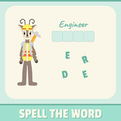 Educational alphabet game material for children. Spell the word, playing card for kids. Engineer deer illustration, vector design. Funny concept with blue background colors.