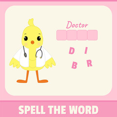 Educational alphabet game material for children. Spell the word, playing card for kids. Doctor bird illustration, vector design. Funny concept with pink background colors.