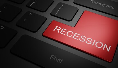 Fototapeta premium High Quality Render of a Aluminum Keyboard Button. The Keypad is Red in Color and there is Message Recession on It. Bussines Finance Concept