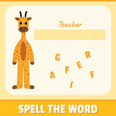 Spell the word, playing card for kids. Educational, alphabet game material for children. Giraffe illustration, vector design. Funny concept with yellow background colors. 