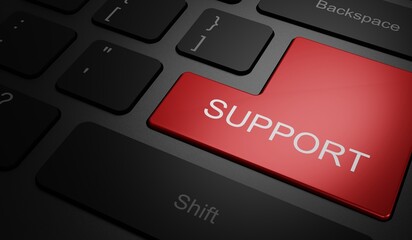 Fototapeta premium High Quality Render of a Aluminum Keyboard Button. The Keypad is Red in Color and there is Message Support on It. Bussines Concpet