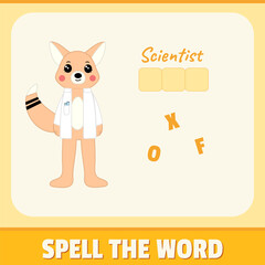 Educational alphabet game material for children. Spell the word, playing card for kids. Scientist fox illustration, vector design. Funny concept with pink background colors.