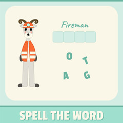 Educational alphabet game material for children. Spell the word, playing card for kids. Fireman goat illustration, vector design. Funny concept with turquoise background colors.