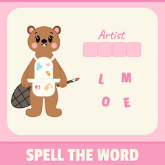 Educational alphabet game material for children. Spell the word, playing card for kids. Artist mole illustration, vector design. Funny concept with pink background colors.