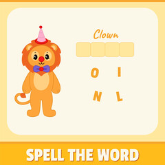 Educational alphabet game material for children. Spell the word, playing card for kids. Clown lion illustration, vector design. Funny concept with yellow background colors.