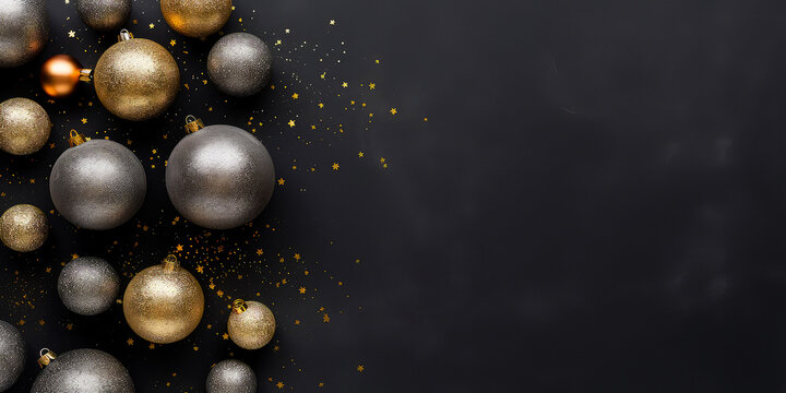 Luxury Christmas and New Years background. Flat lay design with christmas balls, golden decoration. Top view. Layout. Template, poster, banner,cover, brochure. Generative ai