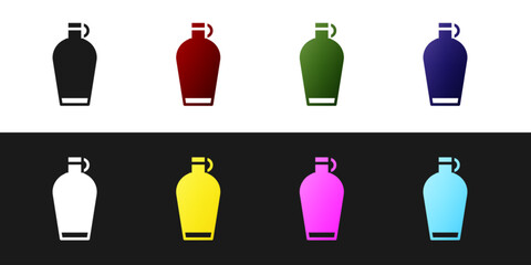 Set Canteen water bottle icon isolated on black and white background. Tourist flask icon. Jar of water use in the campaign. Vector