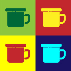 Pop art Camping metal mug icon isolated on color background. Vector Illustration