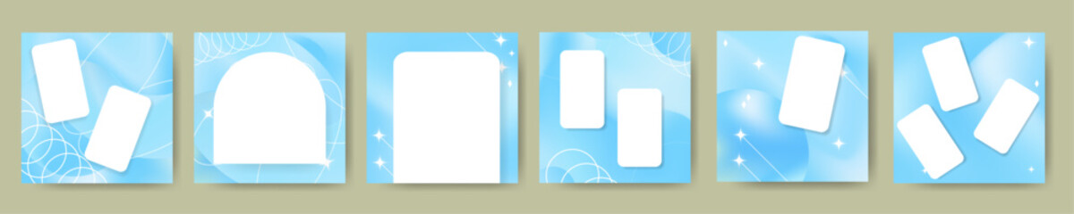 Set of Blue Holographic Background Designs with white geometric shapes for copy space and mobile screen mock ups. For Social media posts, cards, posters, banners. Editable Vector Illustration. EPS 10
