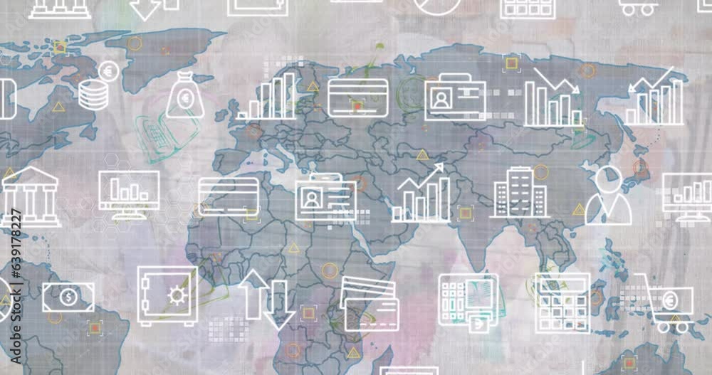 Poster animation of multiple icons over map and school supplies against abstract background