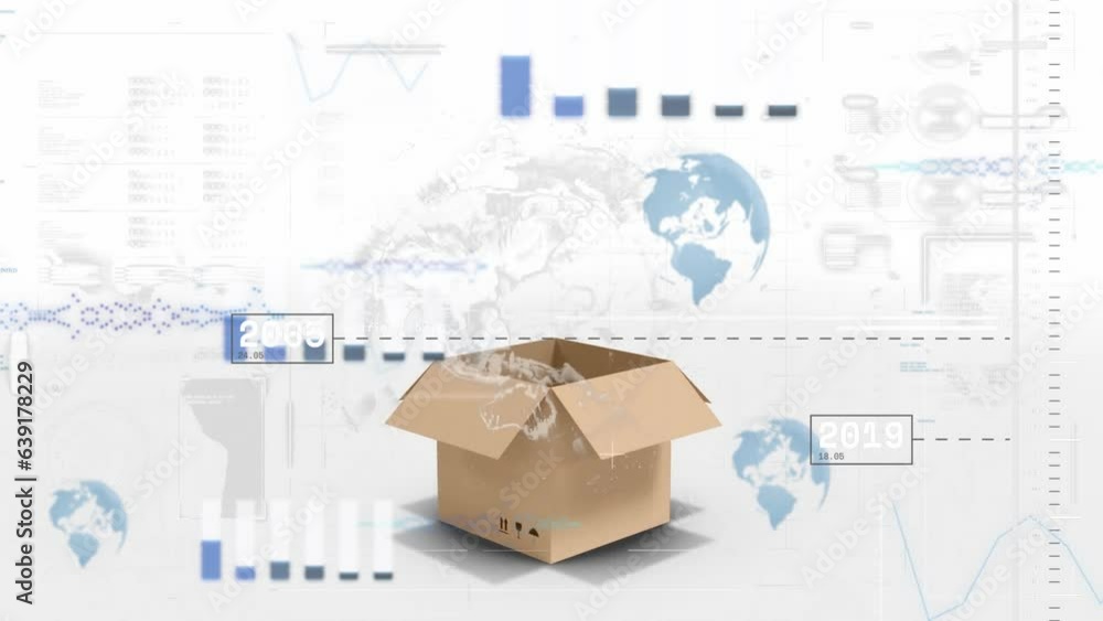 Aufkleber animation of graphs, globes, loading bars with changing numbers over open cardboard box