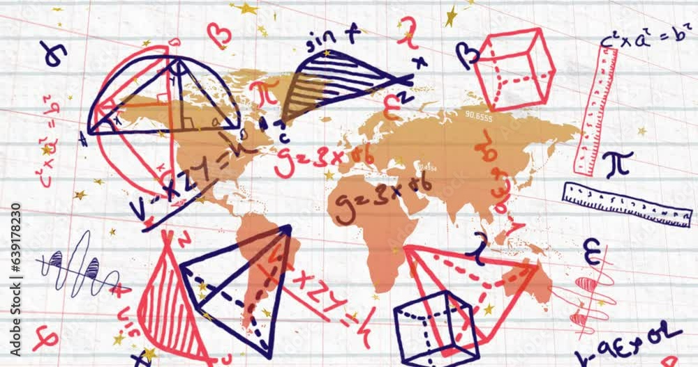 Aufkleber animation of mathematical equations and diagrams with scales over map against white background