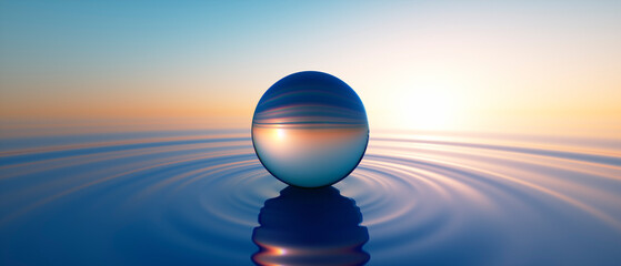 Glass sphere in calm ocean with evening sun with horizon - tranquil scenery	
 - obrazy, fototapety, plakaty