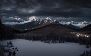 Fototapeta premium The mountain top winter covered with clouds. Mountain landscape.