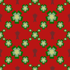 Vector Of Red Background Illustration with 3 shades of green flowers lined up and there is a Christmas tree next to it, connect seamlessly, used for destroying fabric or making gift wrapping paper in 
