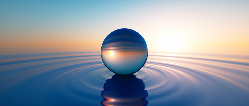 Glass sphere in calm ocean with evening sun with horizon - tranquil scenery	
