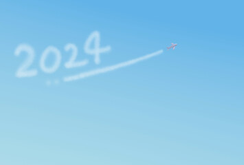 2024の文字を描く飛行機雲　年賀状素材 - obrazy, fototapety, plakaty