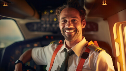 A confident male pilot in uniform smiling while standing inside of the airplane.generative ai