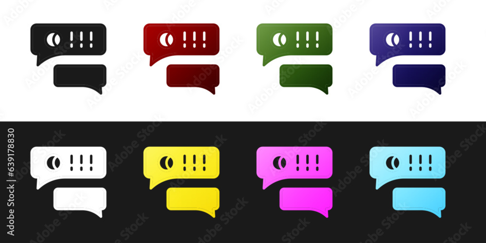 Poster set speech bubble chat about baseball game icon isolated on black and white background. message icon