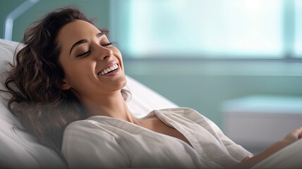 A female patient lying satisfied smiling at modern hospital patient bed.generative ai