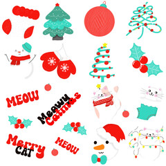  Collection of Christmas decorations, holiday gifts, winter knitted woolen clothes, ginger bread, trees, gifts and penguin. Colorful vector illustration in flat cartoon style