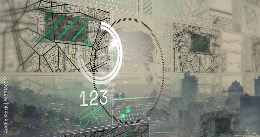 Aufkleber animation of globe in circle, loading circles and changing numbers with navigation pattern over city