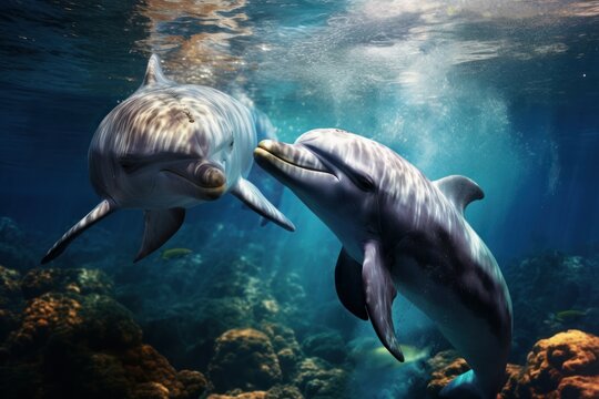 Underwater dolphin playing sea. Generate Ai