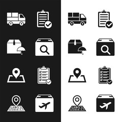 Set Search package, Delivery with umbrella, truck boxes, Verification of delivery list, Placeholder map, Plane and cardboard and icon. Vector