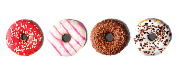 Four delicious donuts on a transparent background. Panorama. View from above.