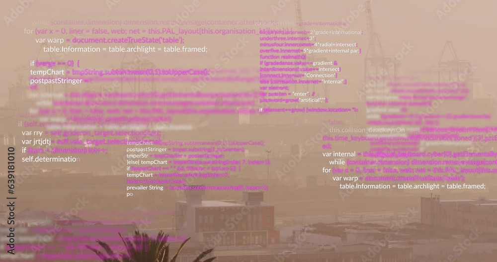 Poster animation of looping computer language over fog covered modern cityscape against sky