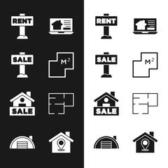 Set House plan, Hanging sign with Sale, Rent, Online real estate house, Location and Warehouse icon. Vector