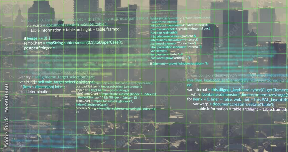 Poster animation of computer language and grid pattern over aerial view of modern city against sky