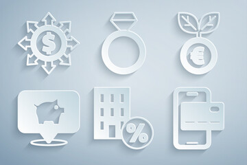 Set House with percant discount, Euro plant, Piggy bank, Mobile banking, Diamond engagement ring and Dollar, share, network icon. Vector
