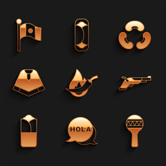 Set Hot chili pepper pod, Hola, Maracas, Vintage pistols, Burrito, Poncho, Beans and Mexico flag icon. Vector © vector_v