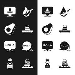 Set Mexican sombrero, Avocado fruit, Hot chili pepper pod, Hola, and Tequila bottle icon. Vector © vector_v