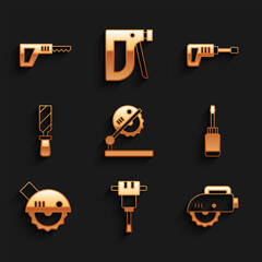 Set Table saw for woodwork, Construction jackhammer, Electric circular, Screwdriver, Rasp metal file, Rotary drill machine and Reciprocating icon. Vector