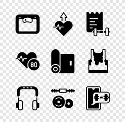 Set Bathroom scales, Heartbeat increase, Sport training program, Headphones, Barbell, Fitness app, rate and mat roll icon. Vector