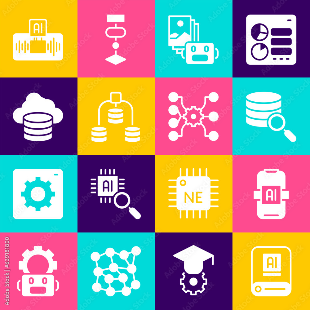 Poster set artificial intelligence ai, server, robot, data, cloud database, and neural network icon. vector