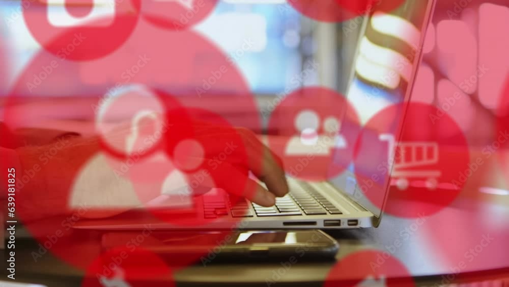 Poster animation of multiple icons over cropped hands of caucasian man typing on keyboard of laptop