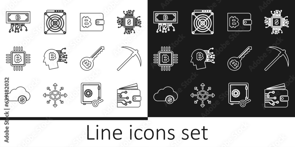 Poster set line cryptocurrency wallet, pickaxe, bitcoin think, cpu mining farm, bitcoin with circuit, key a