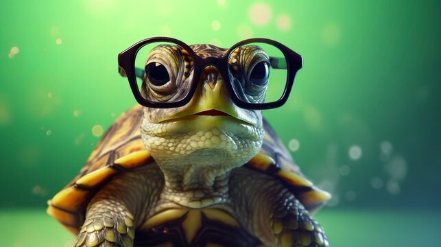 A Cute Little Green Turtle With Glasses, 