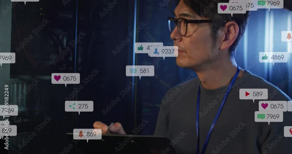 Poster animation of notification bars, asian engineer checking data server system and writing in notepad
