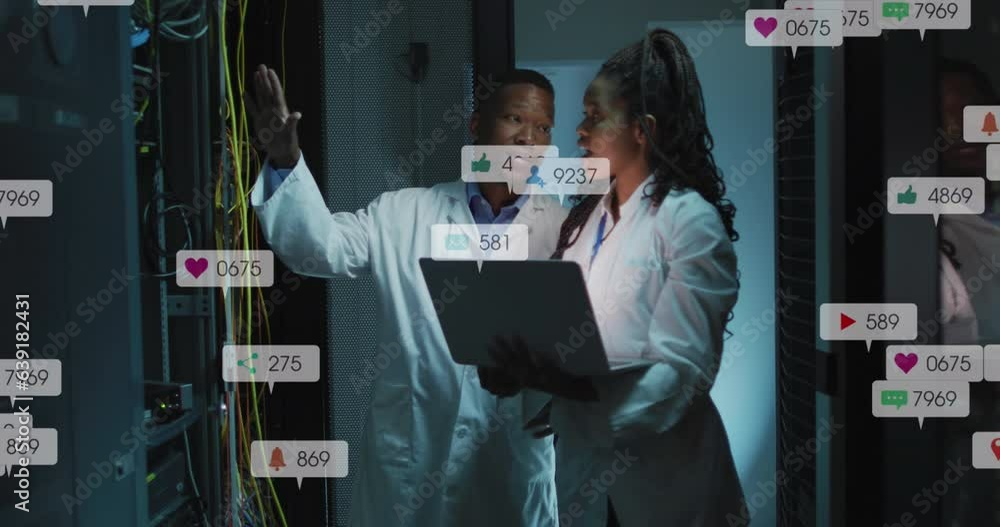 Poster animation of notification bars over diverse engineers discussing on laptop in server room
