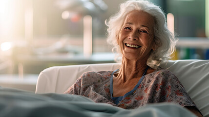 Senior female patient lying satisfied smiling at modern hospital patient bed.generative ai