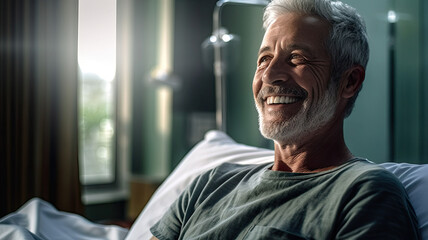 Fototapeta premium Senior male patient lying satisfied smiling at modern hospital patient bed.generative ai