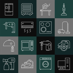 Set line Computer monitor, Electric circular saw, Vacuum cleaner, Table for woodwork, Air conditioner, drill machine, Refrigerator and Gas stove icon. Vector