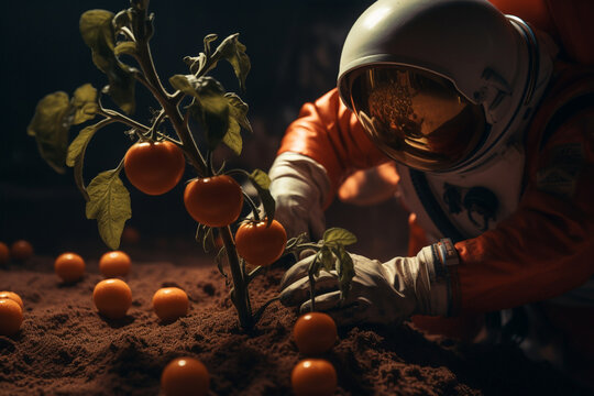 Astronaut planting tomato plants. Planet Mars colonization concept. 