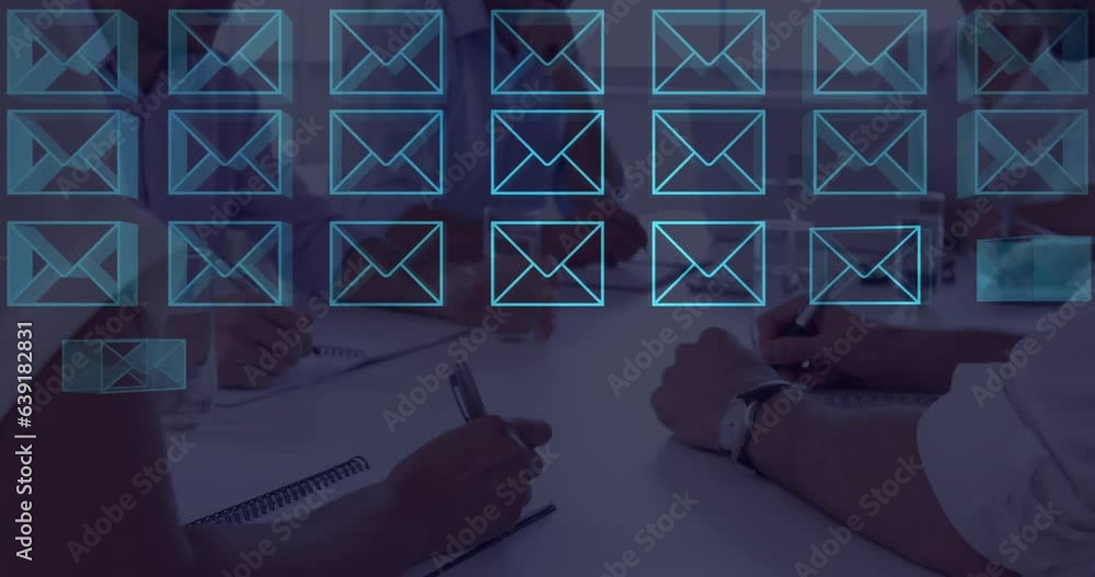 Poster animation of 3d envelope icons over diverse coworkers writing in notepad and working on laptop