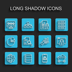 Set line Globe of the Earth and gear, Monitor with password, Mobile exclamation mark, Coal mine trolley, Document search, Secure your site HTTPS, SSL and Pie chart infographic icon. Vector