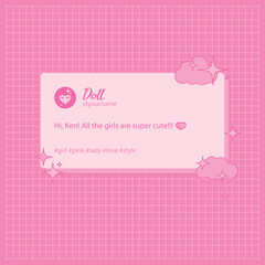 Social media post template with dialog box on checkered background for photos and quotes. Stuff in pink colors in the style of 90s dolls. Pink doll concept .